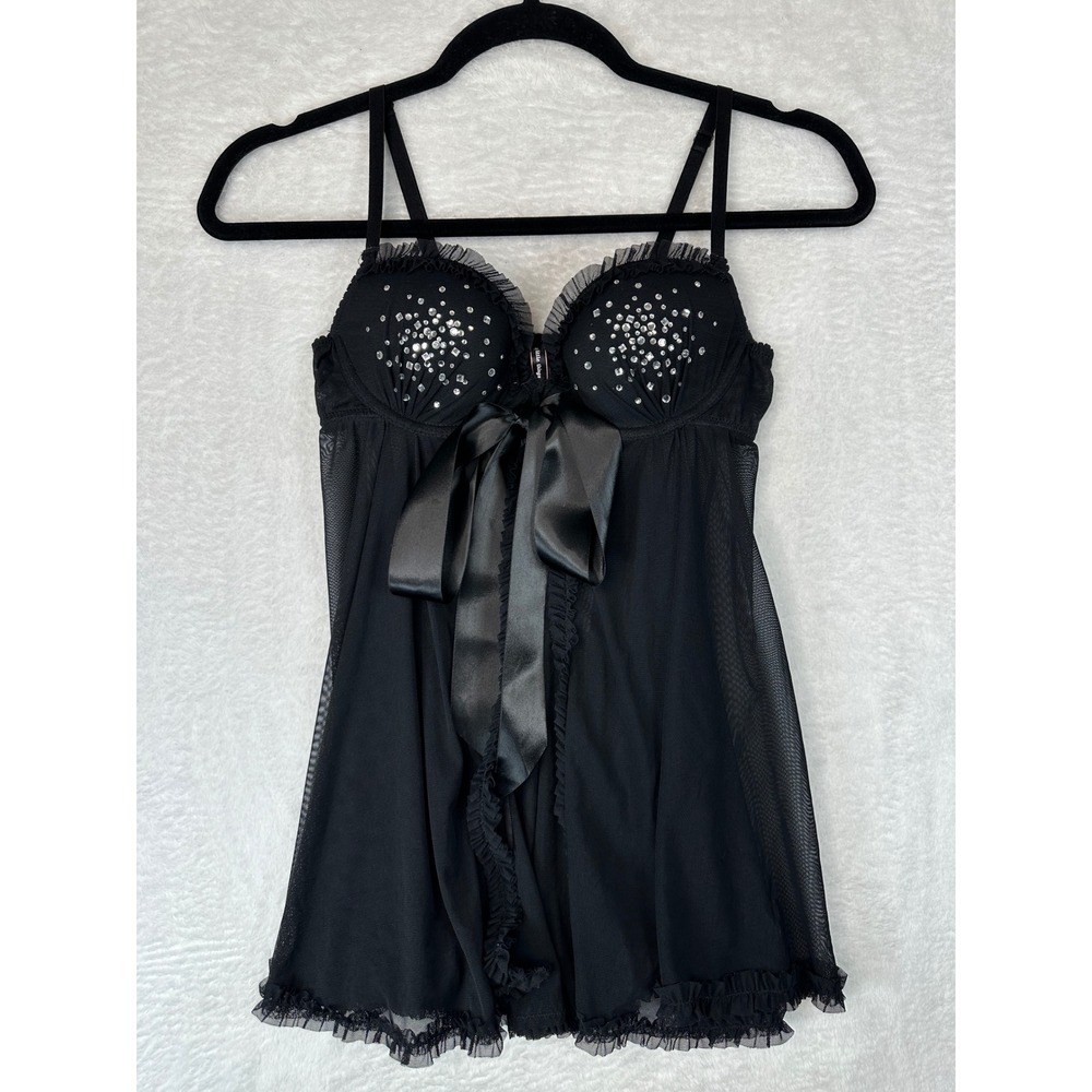 Victoria's Secret Y2K Babydoll Lingerie Women 34B Black Rhinestone Bow Mesh